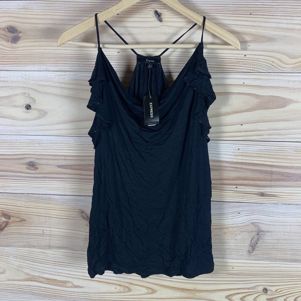 Express Cami Tank Top Women S Black Ruffle Beaded Racerback Rayon Whimsigoth